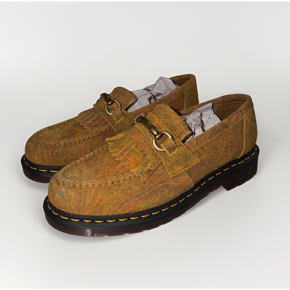 New Women Dr Martens Adrian Snaffle Marbled Suede Loafer 'Brown Mustard' 3063229